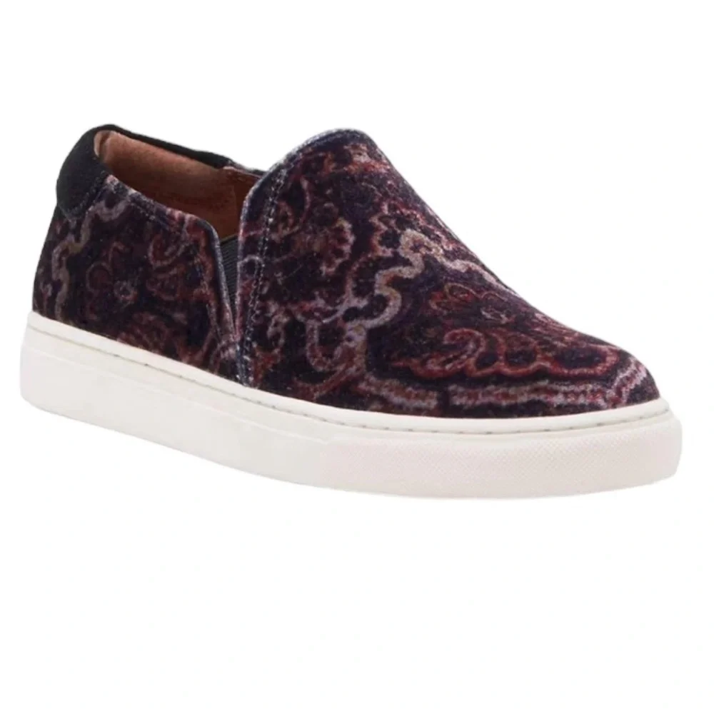 Lucky Brand Purple & Black Velvet BoHo Slip On Shoes Size 8.5 I” Thick Sole NEW